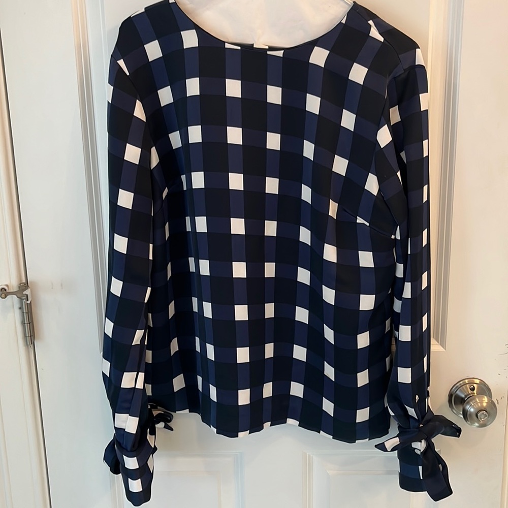Banana Republic Crew Neck Blouse, navy/black gingham print, Size Medium